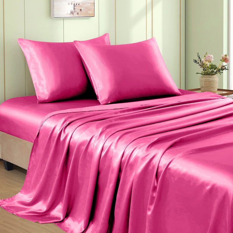 VACVELT 4pcs Hot Pink Satin Sheets Queen Size Bed Set  15 Inch Deep Pocket Silky Satin Sheet Set  Soft Satin Bedding Set Cooling & Luxury Bed Sheets  1 Fitted Sheet + 1 Flat Sheet + 2 Pillowcases - Image 1